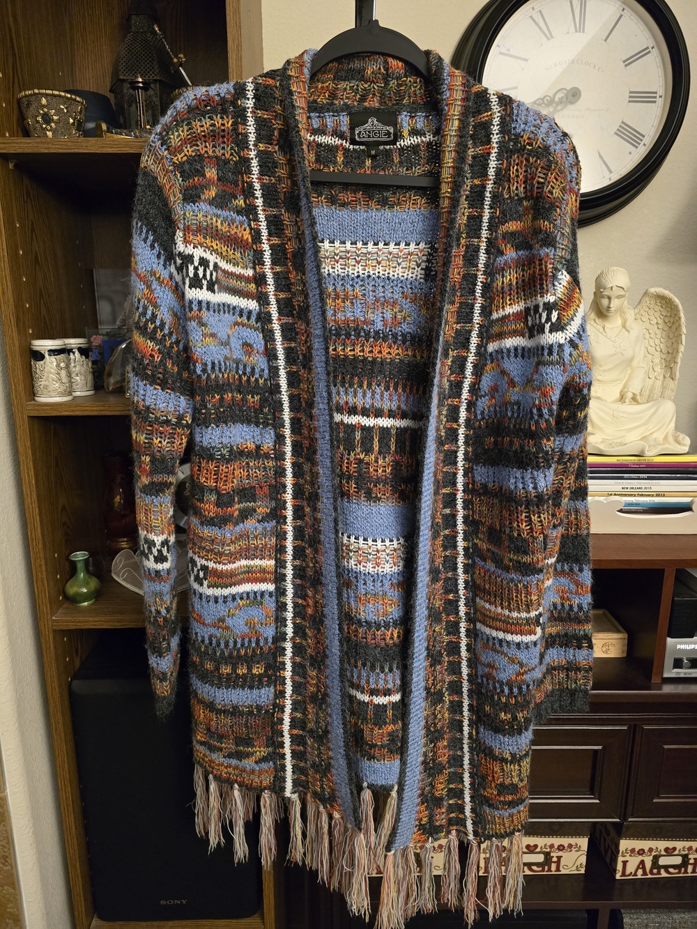 Angie Boho Fringe Open Front Cardigan Multicolor Fair Isle Chunky Knit Size M - Picture 2 of 5